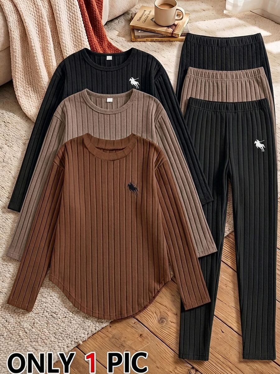 SHEIN Vintaside Kids 青少年女孩秋冬加厚保暖學生運動風 80年代可愛休閒內搭毛絨羅紋圓領長袖上衣與內搭褲套裝 - 黑色 - 查看 1