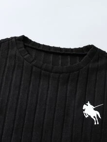 SHEIN Vintaside Kids 青少年女孩秋冬加厚保暖學生運動風 80年代可愛休閒內搭毛絨羅紋圓領長袖上衣與內搭褲套裝 - 黑色 - 查看 3