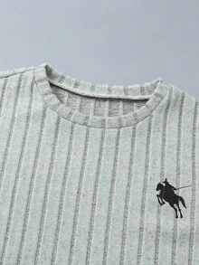 SHEIN Vintaside Kids 少女秋冬加厚保暖校園學生運動風 80年代可愛休閒內搭毛絨羅紋圓領長袖上衣與內搭褲套裝 - 綠色 - 查看 3
