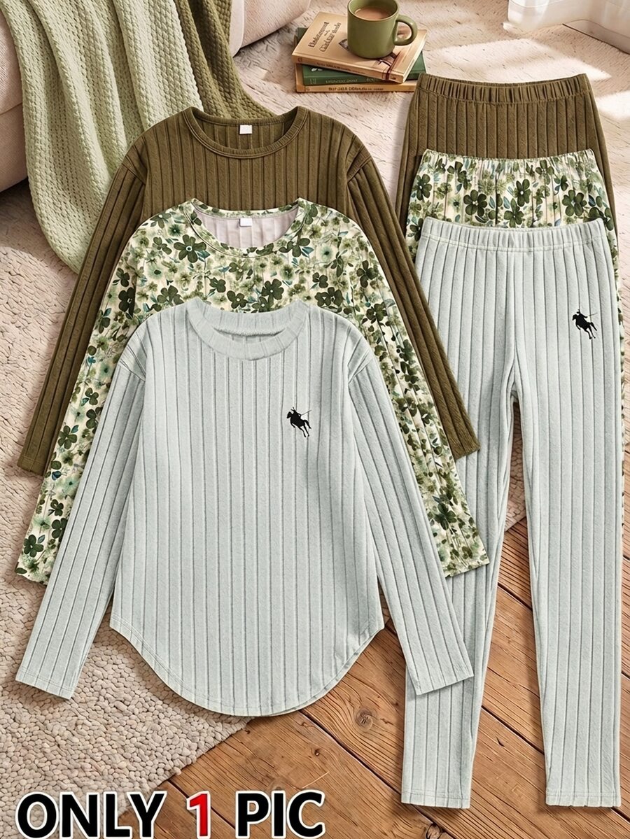 SHEIN Vintaside Kids 少女秋冬加厚保暖校園學生運動風 80年代可愛休閒內搭毛絨羅紋圓領長袖上衣與內搭褲套裝 - 綠色 - 查看 1
