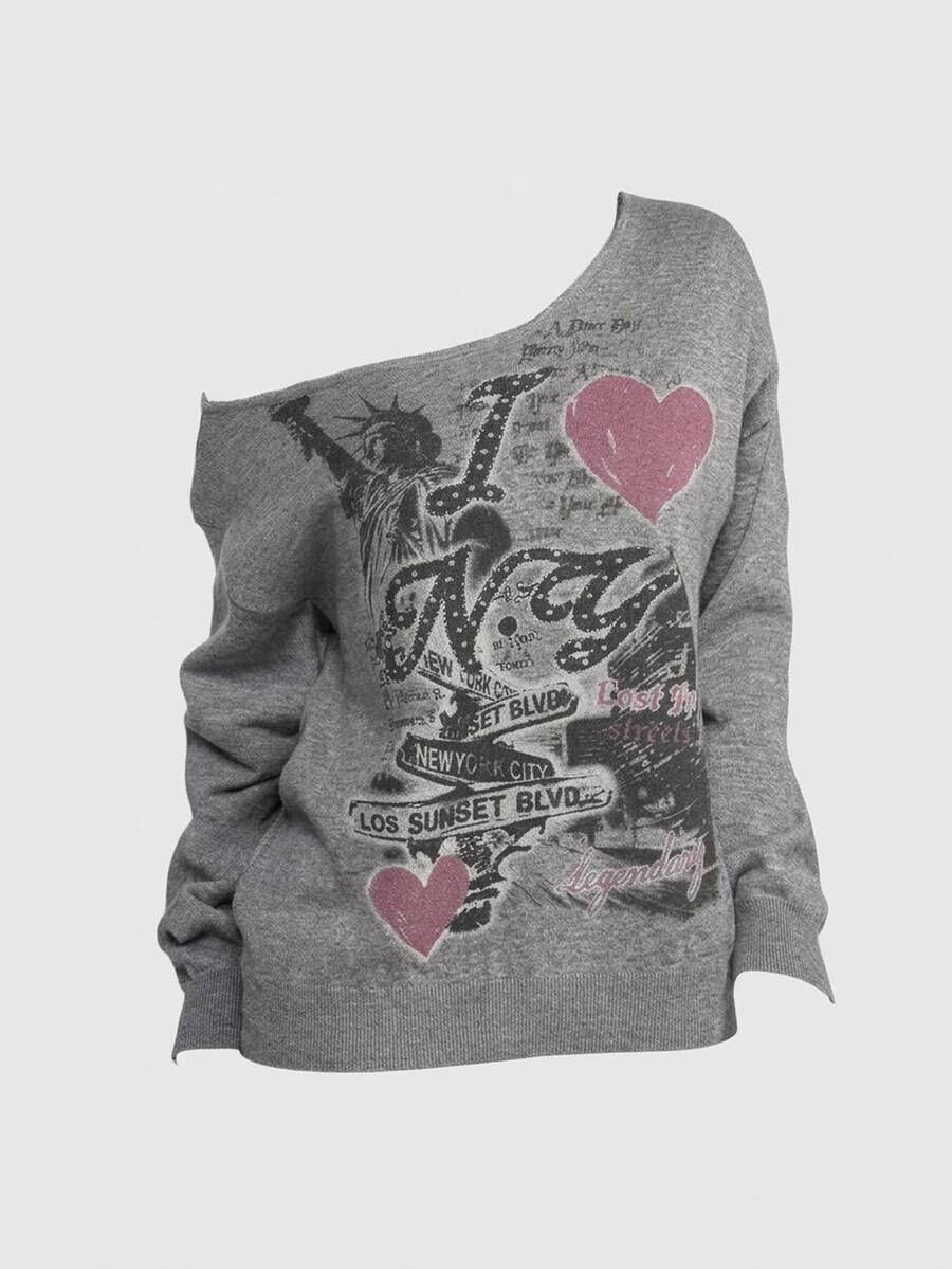 ROMWE Grunge Punk Vintage Music Festival Party Skull Tie-Dye Print Loose Asymmetrical Shoulder Plus Size Women's Sweater - Grey - View 1