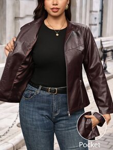 SHEIN Clasi Plus Size Fashion Streetwear Casual Western Zipper Long Sleeve PU Material Jacket Going Out Business Brown Autumn Winter - Brown - View 3