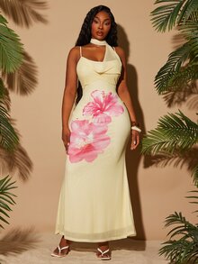 Radiana Plus Size Women's Pink Floral Summer Holiday Vacation Tropical Plunging Neckline Fishtail Maxi Dress With Scarf,Bohemian Beach Resort Evening Dress - Multicolor - View 5