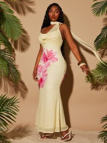 Radiana Plus Size Women's Pink Floral Summer Holiday Vacation Tropical Plunging Neckline Fishtail Maxi Dress With Scarf,Bohemian Beach Resort Evening Dress - Multicolor - View 2