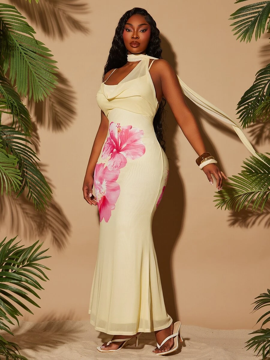 Radiana Plus Size Women's Pink Floral Summer Holiday Vacation Tropical Plunging Neckline Fishtail Maxi Dress With Scarf,Bohemian Beach Resort Evening Dress