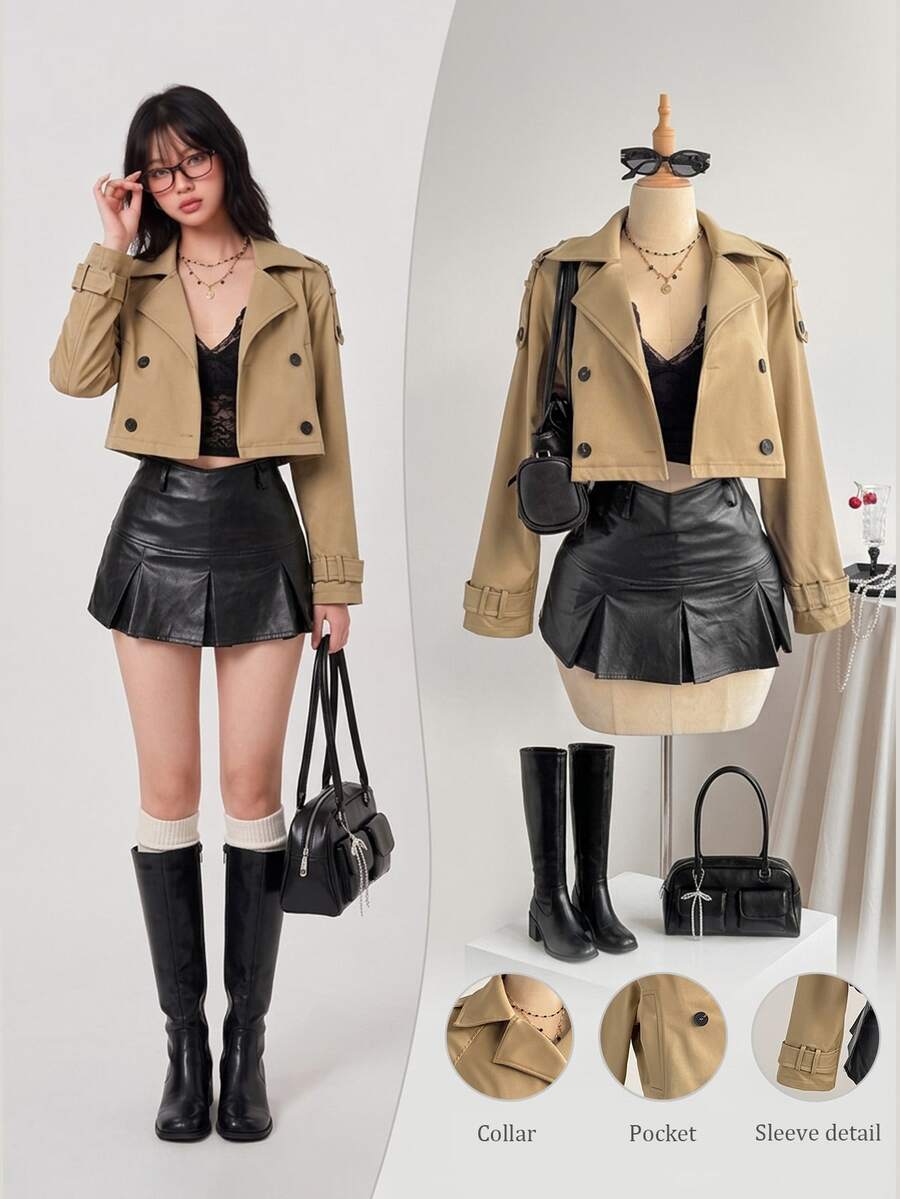 Elamini Double-Breasted Long Sleeve Loose Fit Short Trench Coat For Women