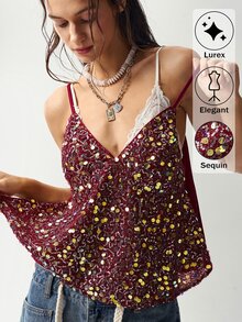 Bohemela Women's Sequin Camisole Tank Top For New Year Party Club Night Out Burgundy Summer Sexy - Burgundy - View 1