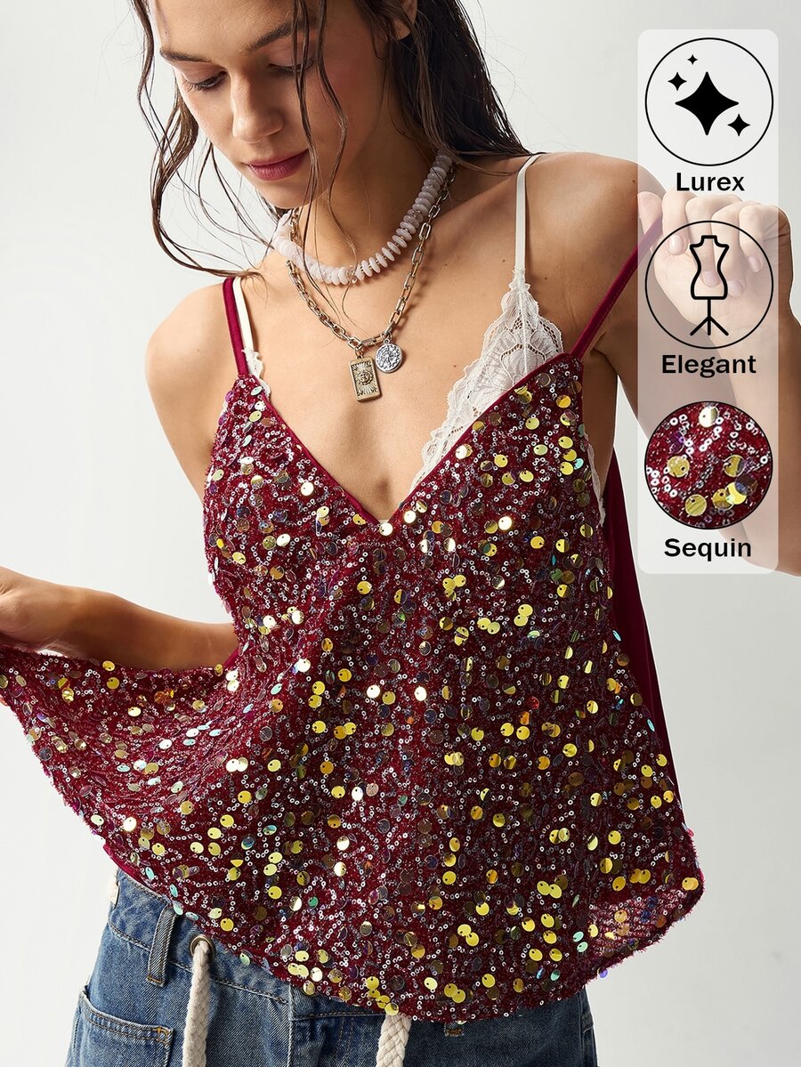 Bohemela Women's Sequin Camisole Tank Top For New Year Party Club Night Out Burgundy Summer Sexy - Burgundy - View 1