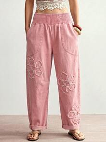 Bohemela Floral Embroidery Straight Leg Pants Everyday Vacation Dusty Pink Fall Casual Boho Holiday - Pink - View 8