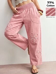 Bohemela Floral Embroidery Straight Leg Pants Everyday Vacation Dusty Pink Fall Casual Boho Holiday - Pink - View 1