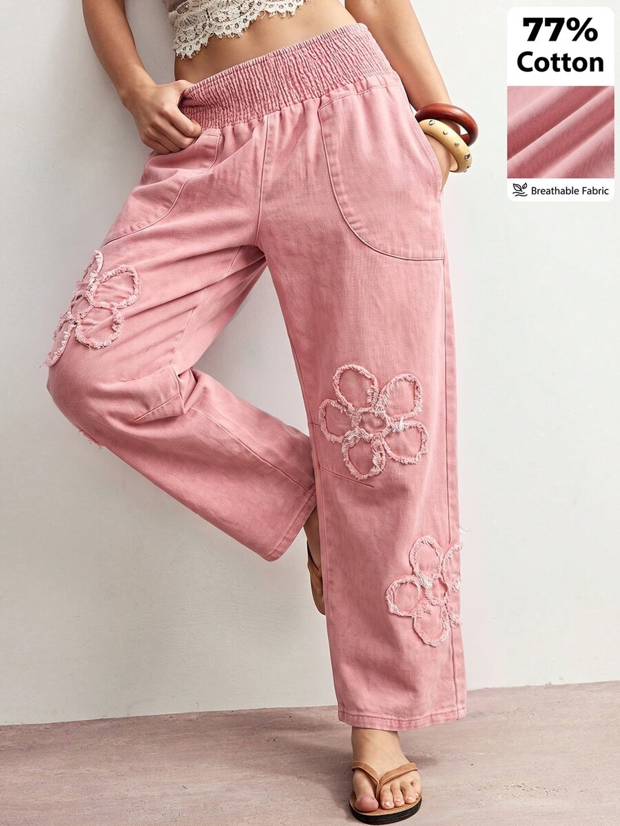 Bohemela Floral Embroidery Straight Leg Pants Everyday Vacation Dusty Pink Fall Casual Boho Holiday - Pink - View 1