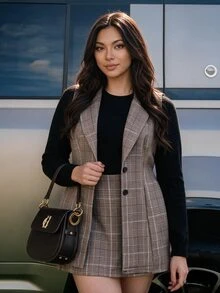 Easura Plus Size Halloween Vintage Dark Brown Patchwork Print Blazer For Women With Scarf Patchwork V-Neck Waist-Cinching Design, Paired With Slim-Fit A-Line Silhouette, Spring/Autumn Lightweight Luxury Commuter Jacket For Office And Date, Niche Design Two Pieces Set With Long Pants - Brown - View 4