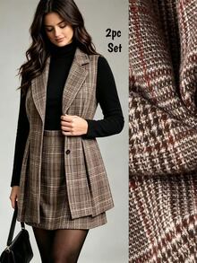Easura Plus Size Halloween Vintage Dark Brown Patchwork Print Blazer For Women With Scarf Patchwork V-Neck Waist-Cinching Design, Paired With Slim-Fit A-Line Silhouette, Spring/Autumn Lightweight Luxury Commuter Jacket For Office And Date, Niche Design Two Pieces Set With Long Pants - Brown - View 2