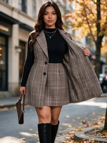 Easura Plus Size Halloween Vintage Dark Brown Patchwork Print Blazer For Women With Scarf Patchwork V-Neck Waist-Cinching Design, Paired With Slim-Fit A-Line Silhouette, Spring/Autumn Lightweight Luxury Commuter Jacket For Office And Date, Niche Design Two Pieces Set With Long Pants - Brown - View 7