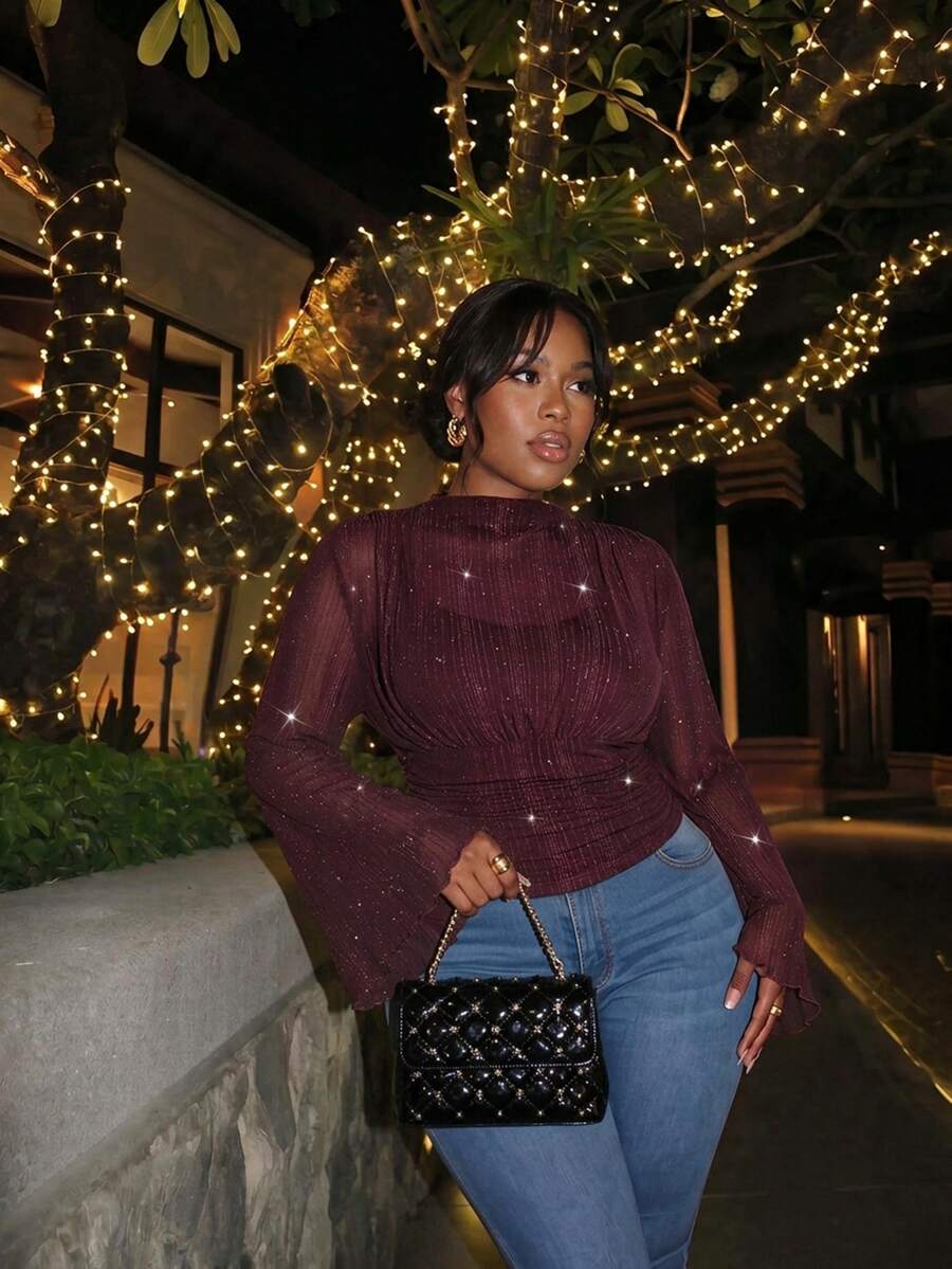 Firerie Rose Gold Mesh Sequin Ruched Cinched Waist Plus Size High Elasticity T-Shirt Formal Night Top Double-Layer Flared Sleeves Elegant Christmas Fall - Red Violet - View 1