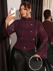 Firerie Rose Gold Mesh Sequin Ruched Cinched Waist Plus Size High Elasticity T-Shirt Formal Night Top Double-Layer Flared Sleeves Elegant Christmas Fall - Red Violet - View 3