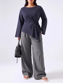 LYSMO Plus Size Solid Color Side Pocket Asymmetrical Hem Long Sleeve T-Shirt Office Evening Business Elegant Casual - Navy Blue - View 3