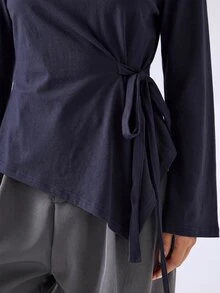 LYSMO Plus Size Solid Color Side Pocket Asymmetrical Hem Long Sleeve T-Shirt Office Evening Business Elegant Casual - Navy Blue - View 5