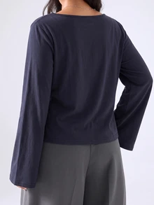 LYSMO Plus Size Solid Color Side Pocket Asymmetrical Hem Long Sleeve T-Shirt Office Evening Business Elegant Casual - Navy Blue - View 2
