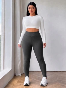 SHEIN EZwear Plus Size Women Solid Color Casual Versatile Daily Wear Tight Leggings - Dark Grey - View 3