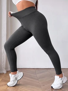 SHEIN EZwear Plus Size Women Solid Color Casual Versatile Daily Wear Tight Leggings - Dark Grey - View 4