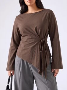 LYSMO Plus Size Solid Color Side Pocket Asymmetrical Hem Long Sleeve T-Shirt Fall Thanksgiving Party Business Office Brown Elegant Casual - Coffee Brown - View 6
