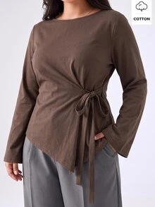 LYSMO Plus Size Solid Color Side Pocket Asymmetrical Hem Long Sleeve T-Shirt Fall Thanksgiving Party Business Office Brown Elegant Casual - Coffee Brown - View 1