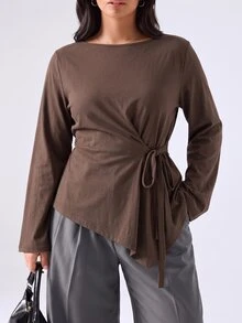 LYSMO Plus Size Solid Color Side Pocket Asymmetrical Hem Long Sleeve T-Shirt Fall Thanksgiving Party Business Office Brown Elegant Casual - Coffee Brown - View 4