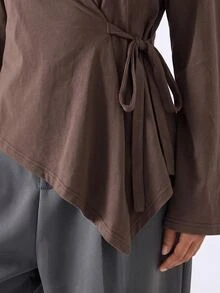 LYSMO Plus Size Solid Color Side Pocket Asymmetrical Hem Long Sleeve T-Shirt Fall Thanksgiving Party Business Office Brown Elegant Casual - Coffee Brown - View 3