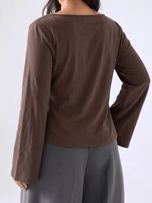 LYSMO Plus Size Solid Color Side Pocket Asymmetrical Hem Long Sleeve T-Shirt Fall Thanksgiving Party Business Office Brown Elegant Casual - Coffee Brown - View 2