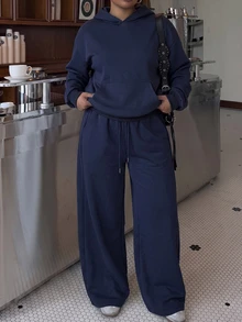 Muchica 海軍藍大尺碼女款純色連帽長袖運動衫與運動長褲休閒日常兩件套 (秋冬) - 藏蓝色 - 查看 4