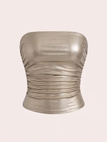 SHEIN EZwear Plus Size Women High Elasticity PU Material Ruched Black Tube Top Party Concert Summer Sexy - Champagne - View 1