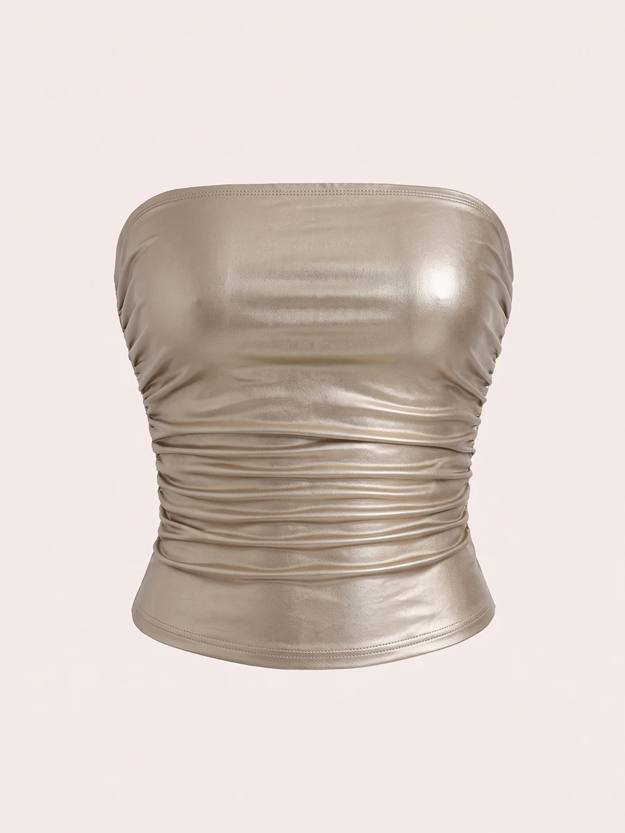 SHEIN EZwear Plus Size Women High Elasticity PU Material Ruched Black Tube Top Party Concert Summer Sexy - Champagne - View 1
