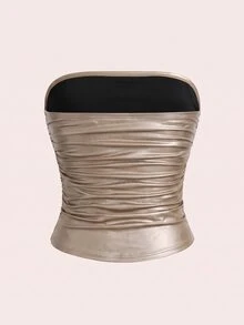 SHEIN EZwear Plus Size Women High Elasticity PU Material Ruched Black Tube Top Party Concert Summer Sexy - Champagne - View 2