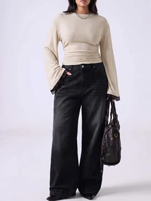 LYSMO Beige Plus Size Women's Round Neck Flared Sleeve Fitted T-Shirt Fall Party Birthday Casual Elegant - Apricot - View 3