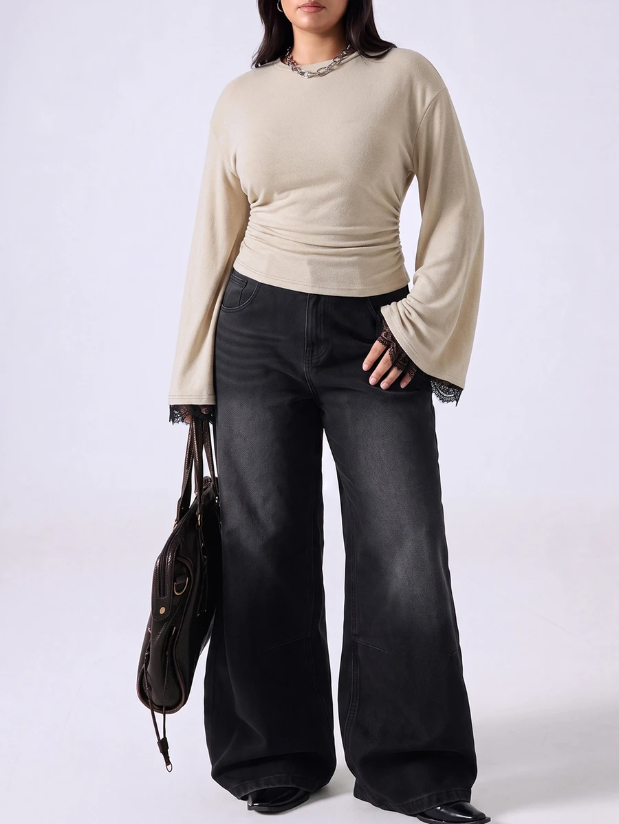 LYSMO Beige Plus Size Women's Round Neck Flared Sleeve Fitted T-Shirt Fall Party Birthday Casual Elegant - Apricot - View 1