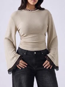 LYSMO Beige Plus Size Women's Round Neck Flared Sleeve Fitted T-Shirt Fall Party Birthday Casual Elegant - Apricot - View 4