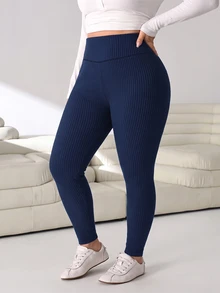 Solflare Plus Size Women Solid Color High Waist Casual Versatile Leggings - Navy Blue - View 3