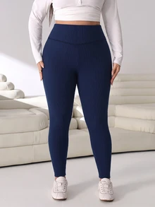 Solflare Plus Size Women Solid Color High Waist Casual Versatile Leggings - Navy Blue - View 4