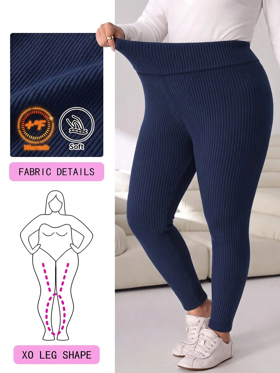 Solflare Plus Size Women Solid Color High Waist Casual Versatile Leggings - Navy Blue - View 1