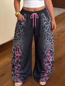 Muchica Plus Size Women's Drawstring Waist Pocket Casual Long Pants Fall - Black - View 5