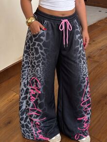 Muchica Plus Size Women's Drawstring Waist Pocket Casual Long Pants Fall - Black - View 1
