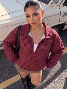 Muchica Plaid Casual Elegant Frenchy Plus Size Women's Jacket Back-To-School Office Going Out Rodeo Formal Burgundy Fall, Autumn/Winter - Burgundy - View 1