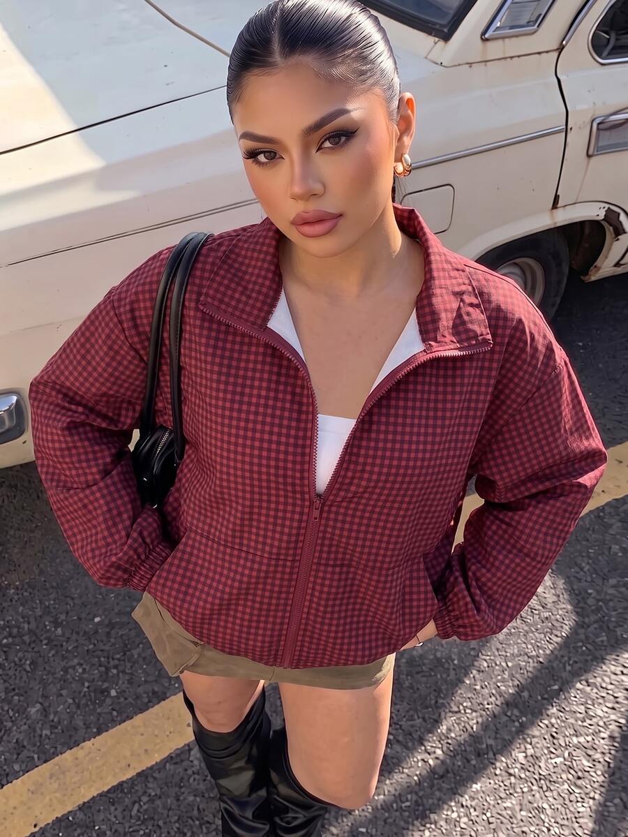 Muchica Plaid Casual Elegant Frenchy Plus Size Women's Jacket Back-To-School Office Going Out Rodeo Formal Burgundy Fall, Autumn/Winter - Burgundy - View 1