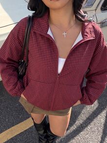 Muchica Plaid Casual Elegant Frenchy Plus Size Women's Jacket Back-To-School Office Going Out Rodeo Formal Burgundy Fall, Autumn/Winter - Burgundy - View 7
