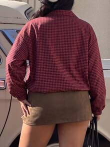 Muchica Plaid Casual Elegant Frenchy Plus Size Women's Jacket Back-To-School Office Going Out Rodeo Formal Burgundy Fall, Autumn/Winter - Burgundy - View 2