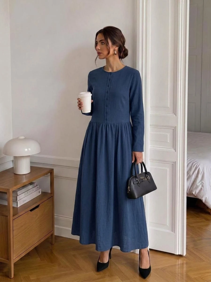Easowa Women's Fall/Winter Dress Casual Modest Solid Color Long Dress Brunch Navy Blue - Navy Blue - View 1