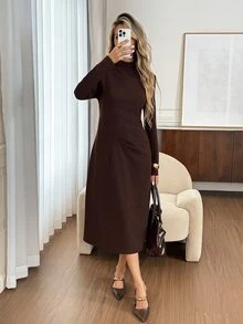 Easowa Women's Fall Elegant Casual Dark Brown Long Sleeve Mock Neck Midi Dress Perfect For Work Office Brunch Outfits Modern Gathered Detail - Dark Brown - View 3