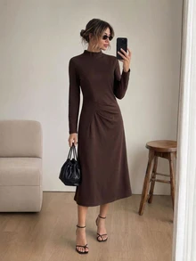 Easowa Women's Fall Elegant Casual Dark Brown Long Sleeve Mock Neck Midi Dress Perfect For Work Office Brunch Outfits Modern Gathered Detail - Dark Brown - View 1