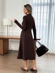 Easowa Women's Fall Elegant Casual Dark Brown Long Sleeve Mock Neck Midi Dress Perfect For Work Office Brunch Outfits Modern Gathered Detail - Dark Brown - View 5